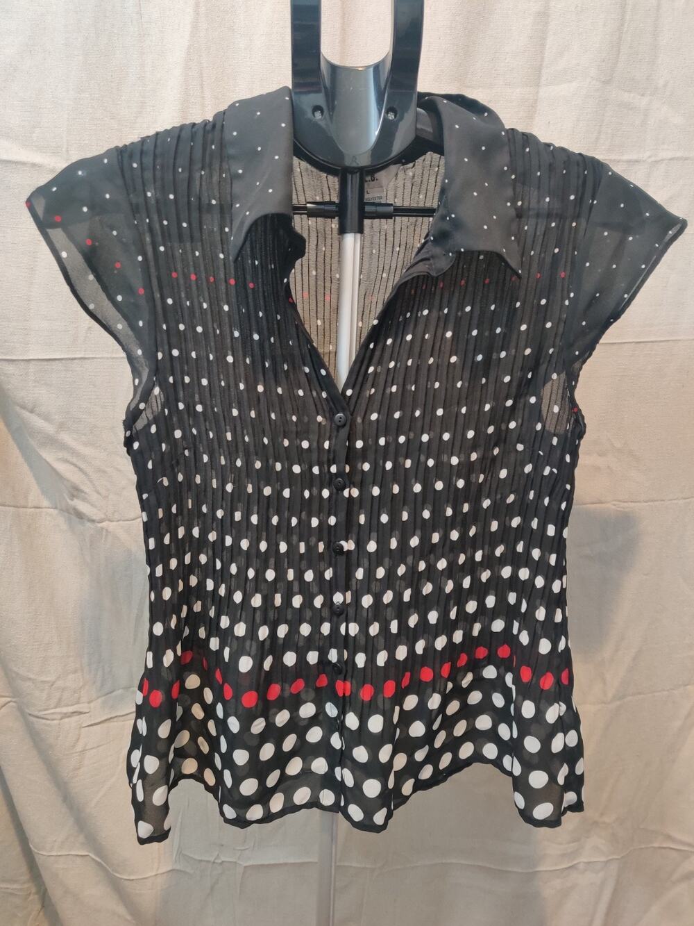 Vintage S.L.B. Women's Blouse Size Large Polka Dot Cap Sleeve Button Up Collared